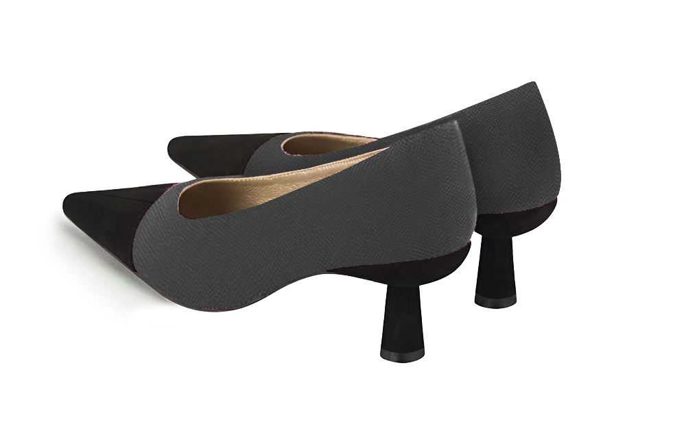 Matt black and dark grey women's dress pumps, with a round neckline. Pointed toe. Medium spool heels. Rear view - Florence KOOIJMAN